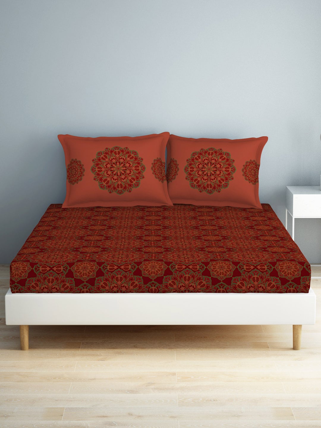 SPACES Aurum Red Ethnic Motifs Pure Cotton 140 TC Queen Bedsheet with 2 Pillow Covers | Grocsy