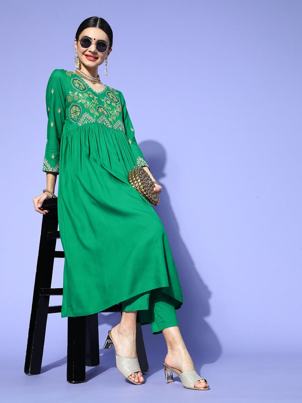 Sangria Women Green Yoke Design Empire Kurta with Trousers | Grocsy
