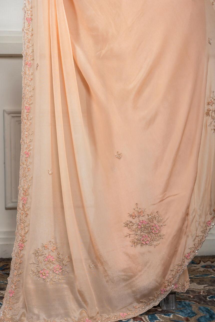 Morchari Beige Chiffon Hand Embroidery Saree And Stitched Blouse | Grocsy