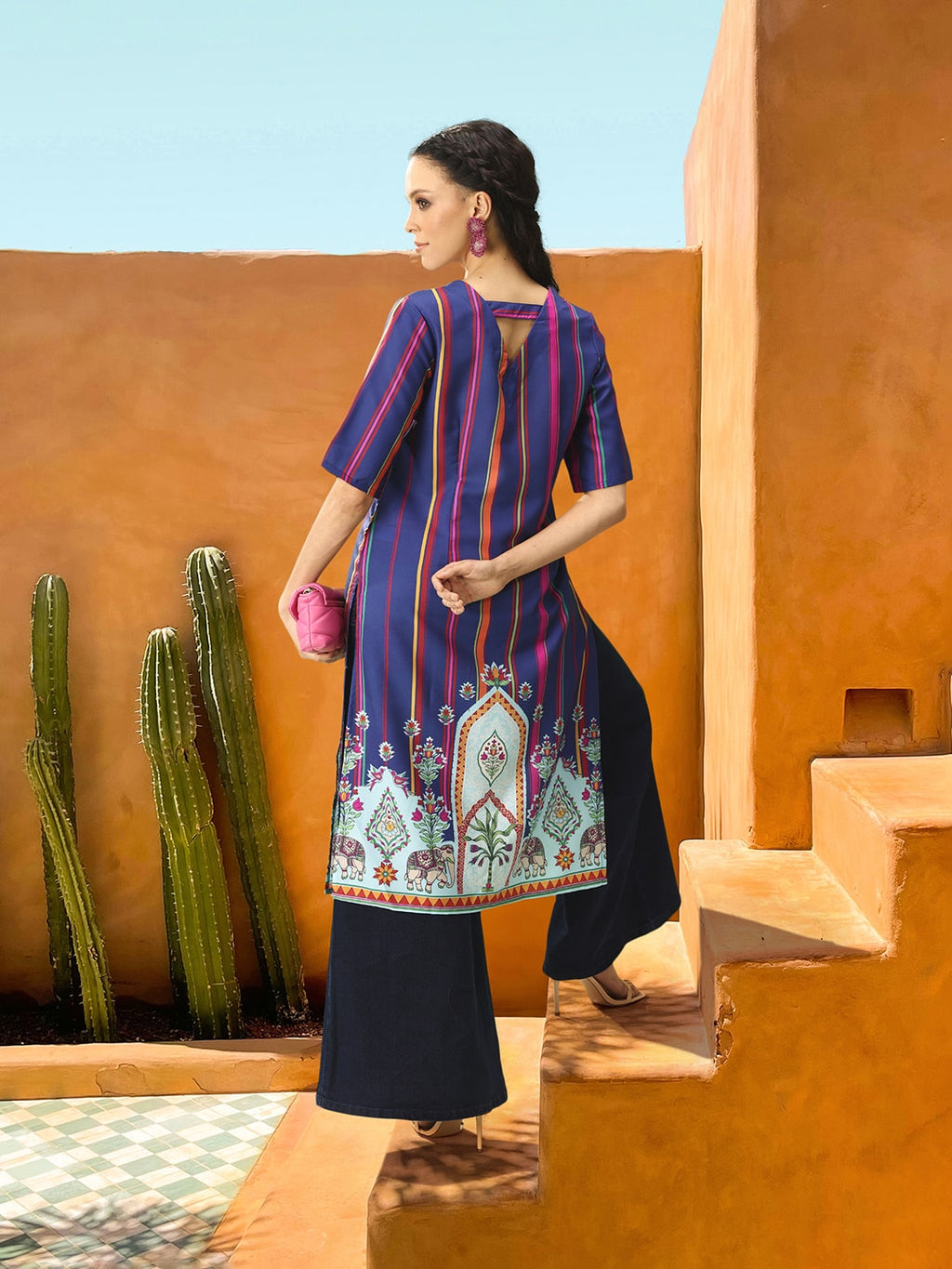 Sangria Striped & Printed Detail Kurta | Grocsy