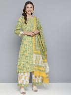 HERE&NOW Floral Printed Regular Pure Cotton Kurta with Palazzos & With Dupatta | Grocsy