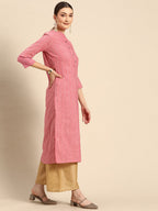 Sangria Women Peach-Coloured & White Striped Mandarin Collar Kurta | Grocsy