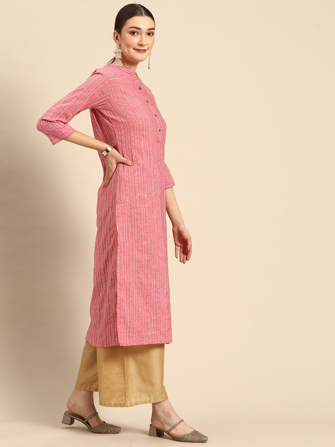 Sangria Women Peach-Coloured & White Striped Mandarin Collar Kurta | Grocsy