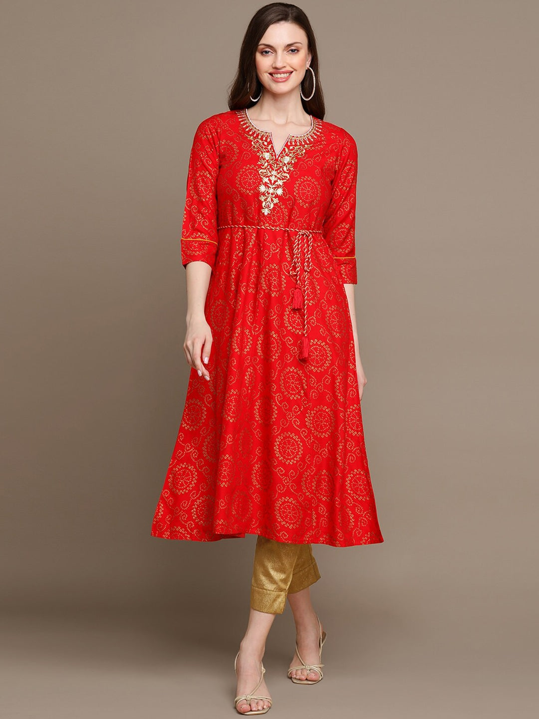 HERE&NOW Bandhani Printed Thread Work Embroidered Anarkali Kurta | Grocsy