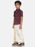 Sethukrishna Boys Maroon & White Solid Shirt with Veshti Set | Grocsy