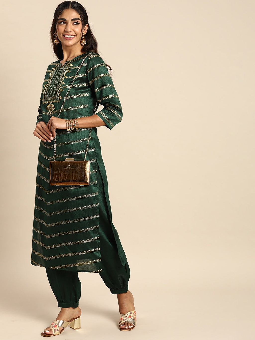 Sangria Women Green & Gold- Toned Ethnic Motifs Printed Kurta with Salwar | Grocsy