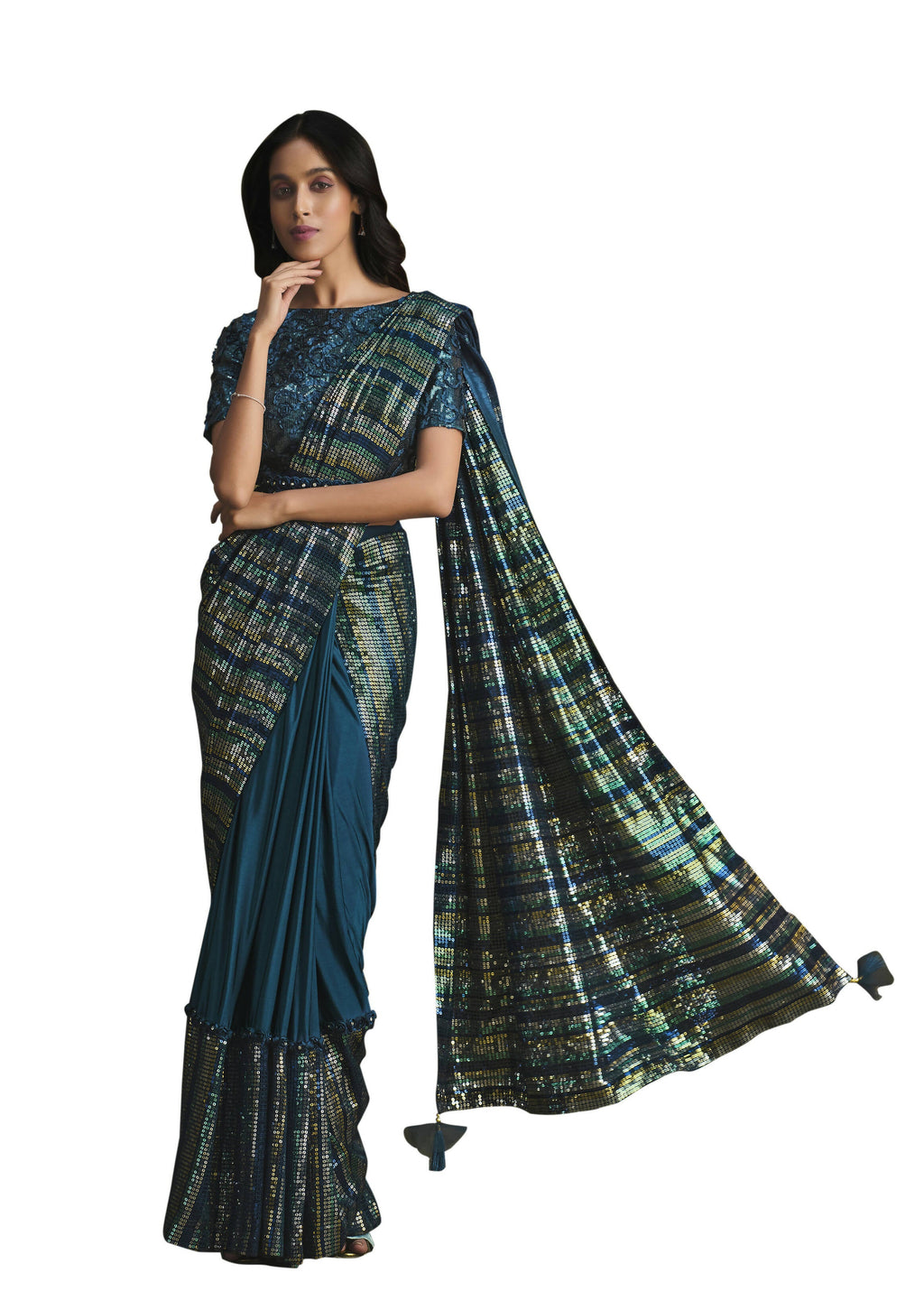 Teal Crystal Silk Sequence Embroidered Saree With Stitched Blouse - Mohmanthan La Belle | Grocsy