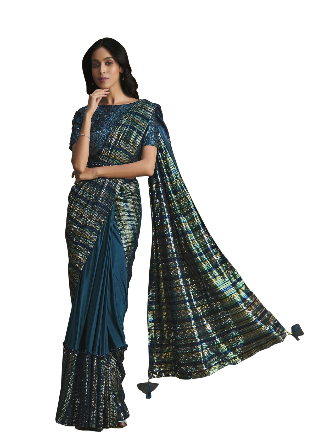Teal Crystal Silk Sequence Embroidered Saree With Stitched Blouse - Mohmanthan La Belle | Grocsy