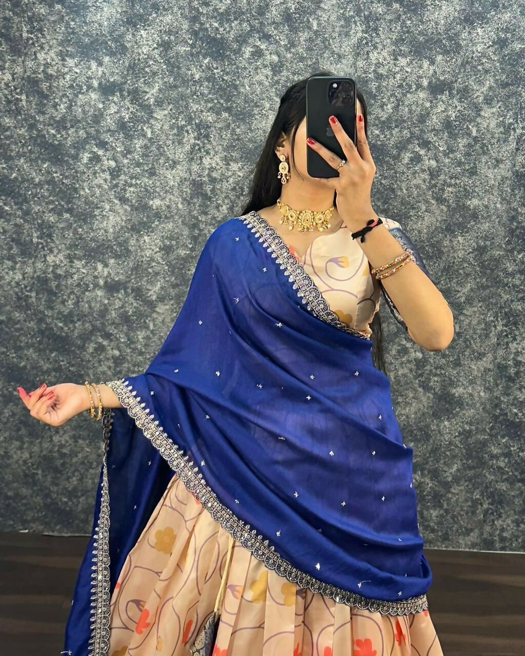 Teeya Creation Womens New Trendy Designer Blue Floral Lehenga Choli Set with Contrast Border and Dupatta Set | Grocsy