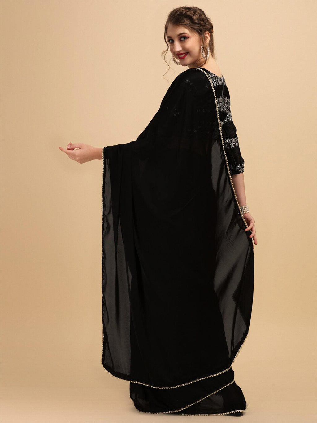 Sangria Pearl Border Detail Saree With Embroidered Blouse | Grocsy
