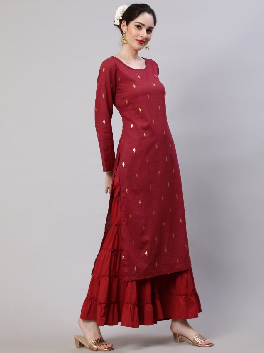 Aks Woven Design Round Neck Zari Cotton A-Line Kurta | Grocsy