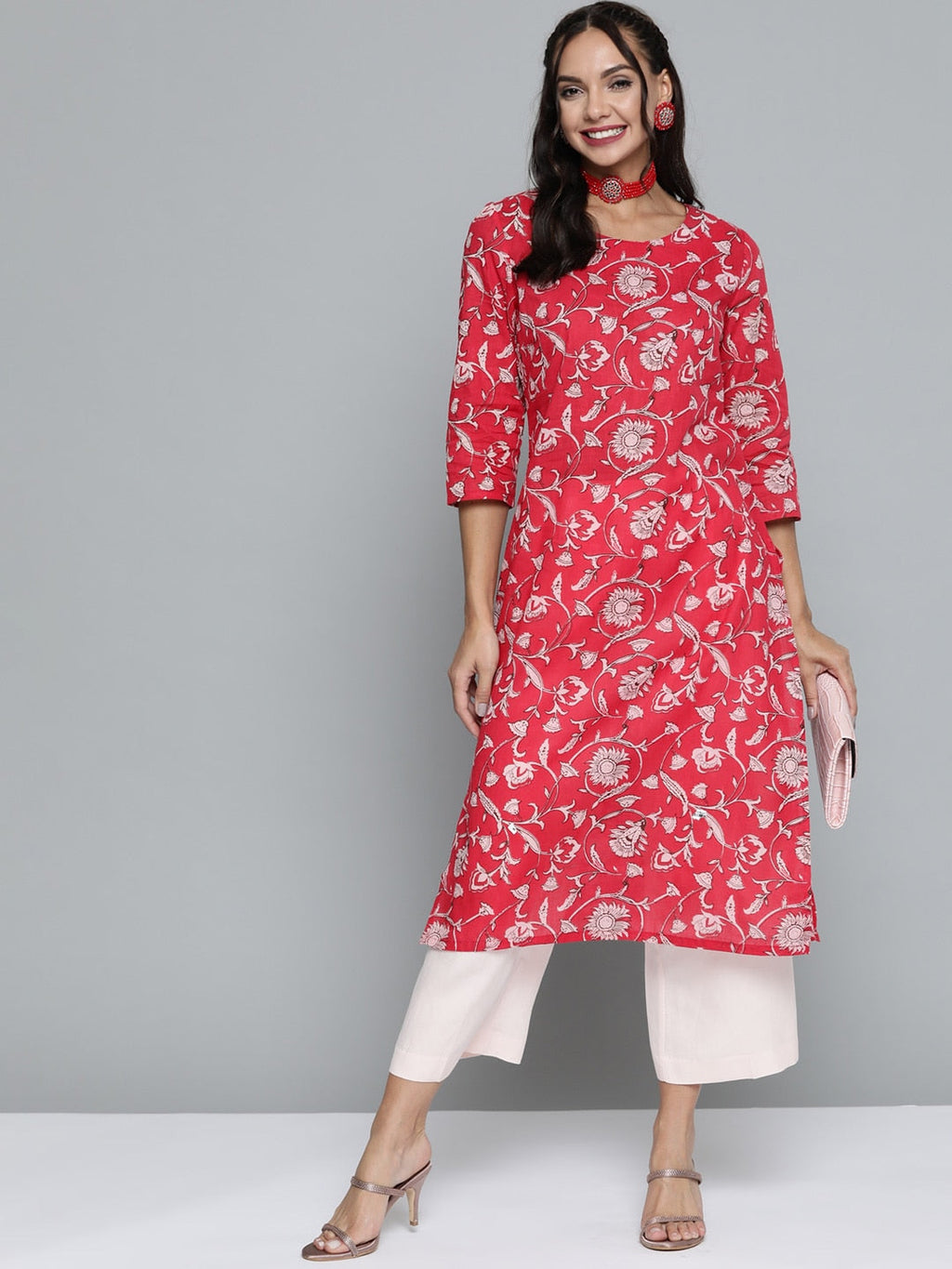 HERE&NOW Women Pink & Off White Pure Cotton Ethnic Motifs Printed Straight Kurta | Grocsy