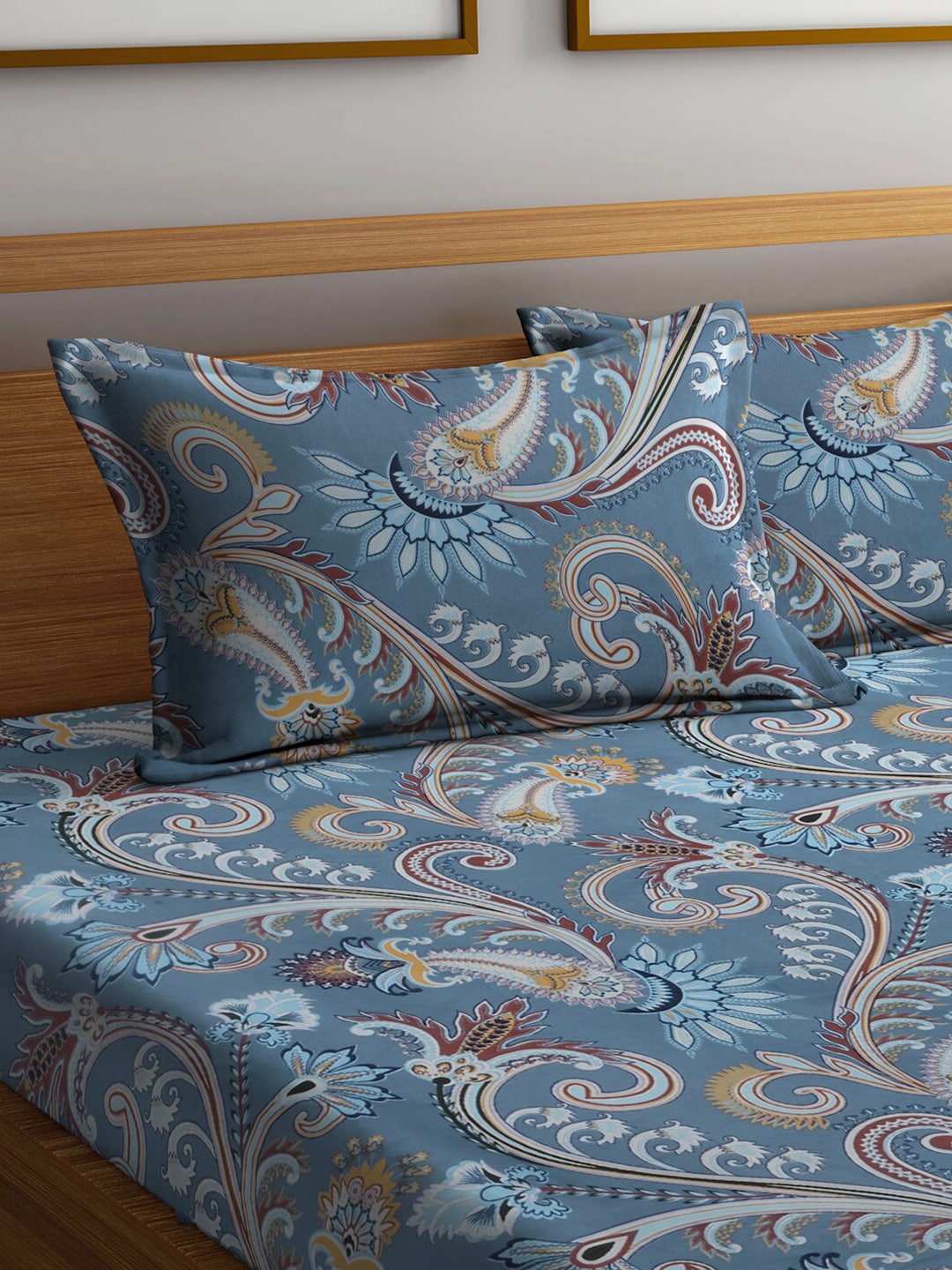 FABINALIV Grey & Brown Etnic Motifs 300 TC Fitted King Bedsheet With 2 Pillow Covers | Grocsy