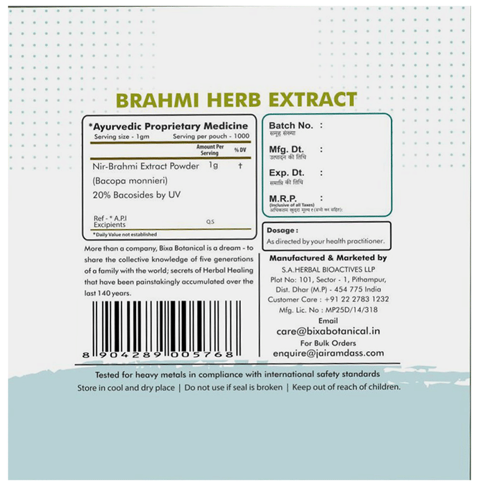 Bixa Botanical Brahmi Herb Extract Powder 20% Bacosides | Grocsy