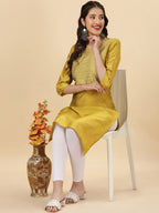 HERE&NOW Yellow Woven Design Mirror Work Straight Kurta | Grocsy