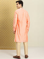 House of Pataudi Men Peach-Coloured Floral Embroidered A-Line Kurta | Grocsy