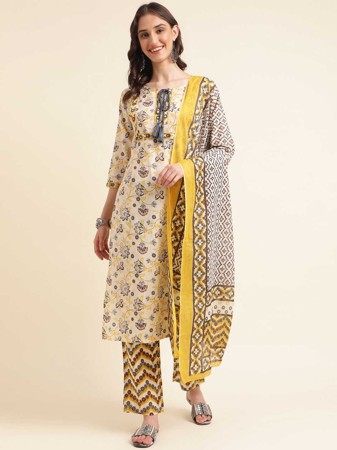 Sangria Beige Floral Printed Mirror Work Pure Cotton Kurta With Trousers & Dupatta | Grocsy