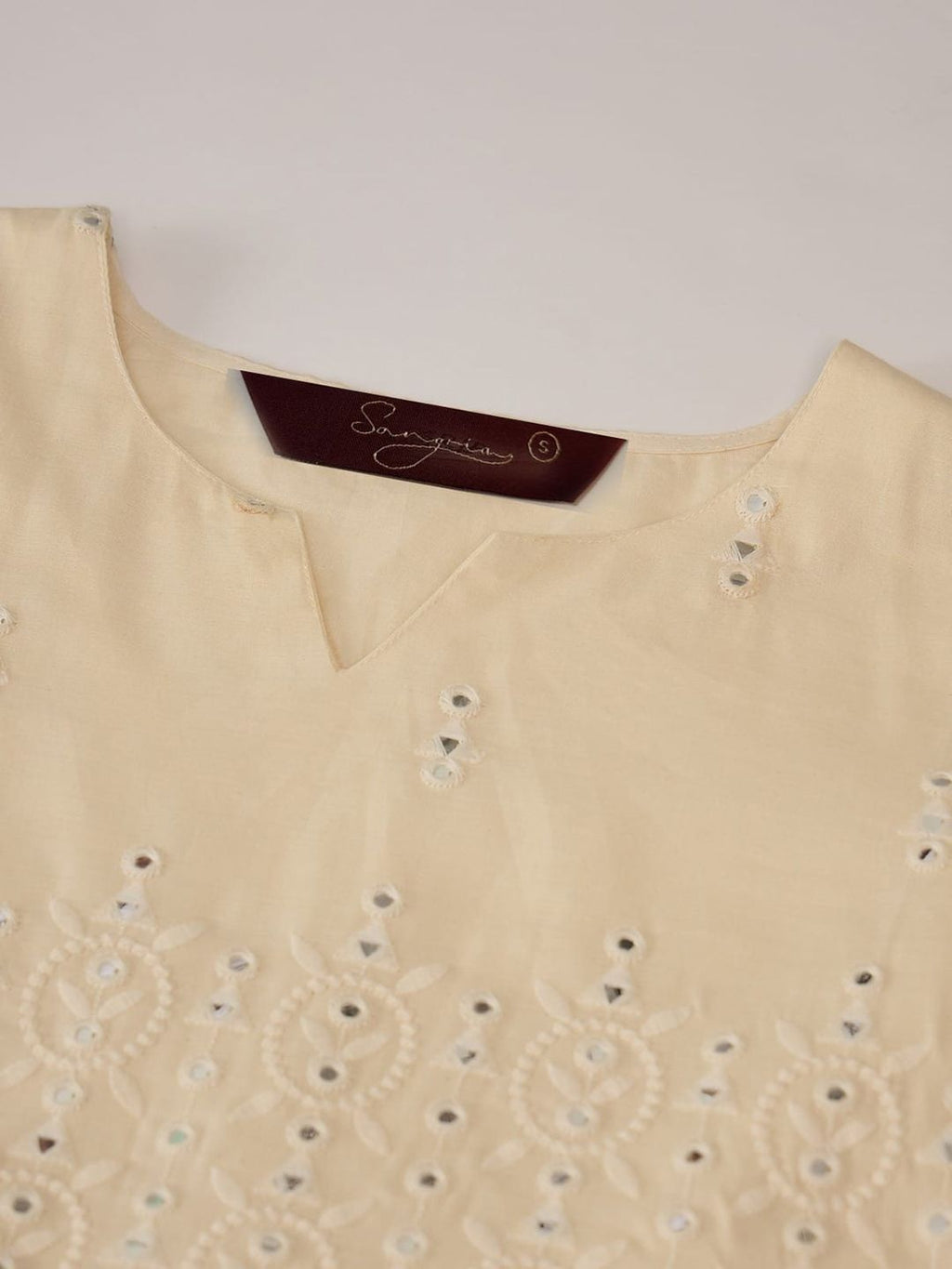 Sangria Off White Floral Embroidered Mirror Work Pure Cotton Anarkali Kurta Set | Grocsy