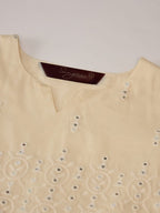 Sangria Off White Floral Embroidered Mirror Work Pure Cotton Anarkali Kurta Set | Grocsy