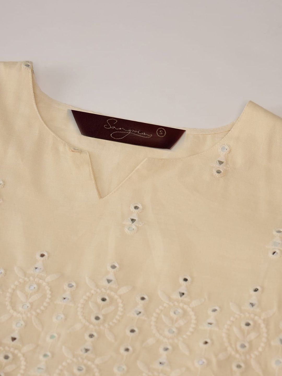 Sangria Off White Floral Embroidered Mirror Work Pure Cotton Anarkali Kurta Set | Grocsy