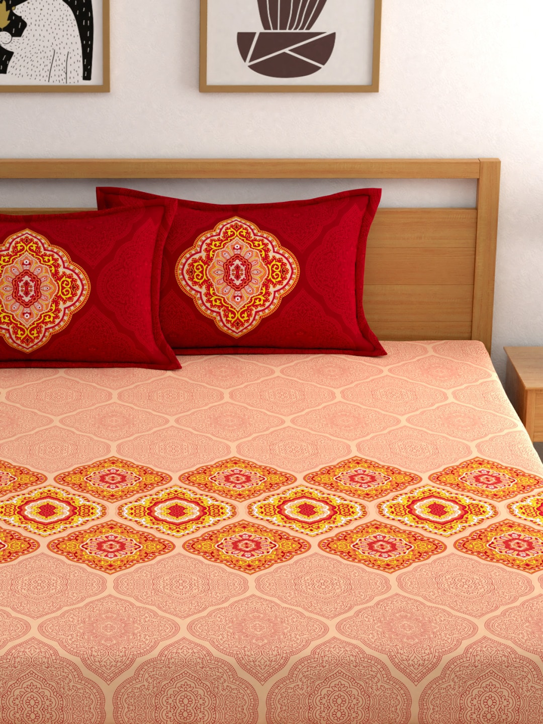Dreamscape Pink Ethnic Motifs 144 TC Cotton Bedsheet with Pillow Covers | Grocsy