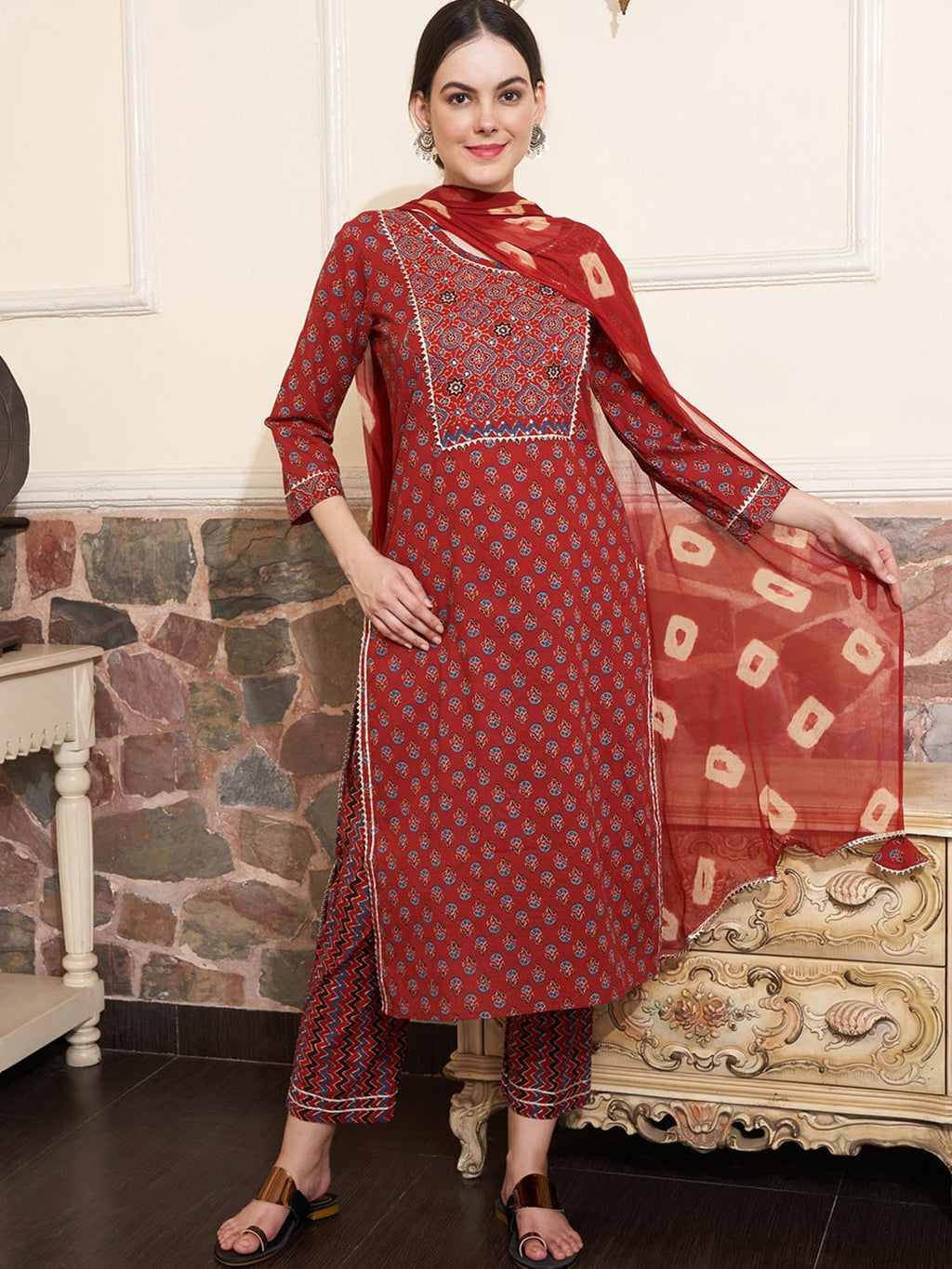 Sangria Maroon Ethnic Motifs Printed Mirror Work Pure Cotton Kurta with Trousers & Dupatta | Grocsy