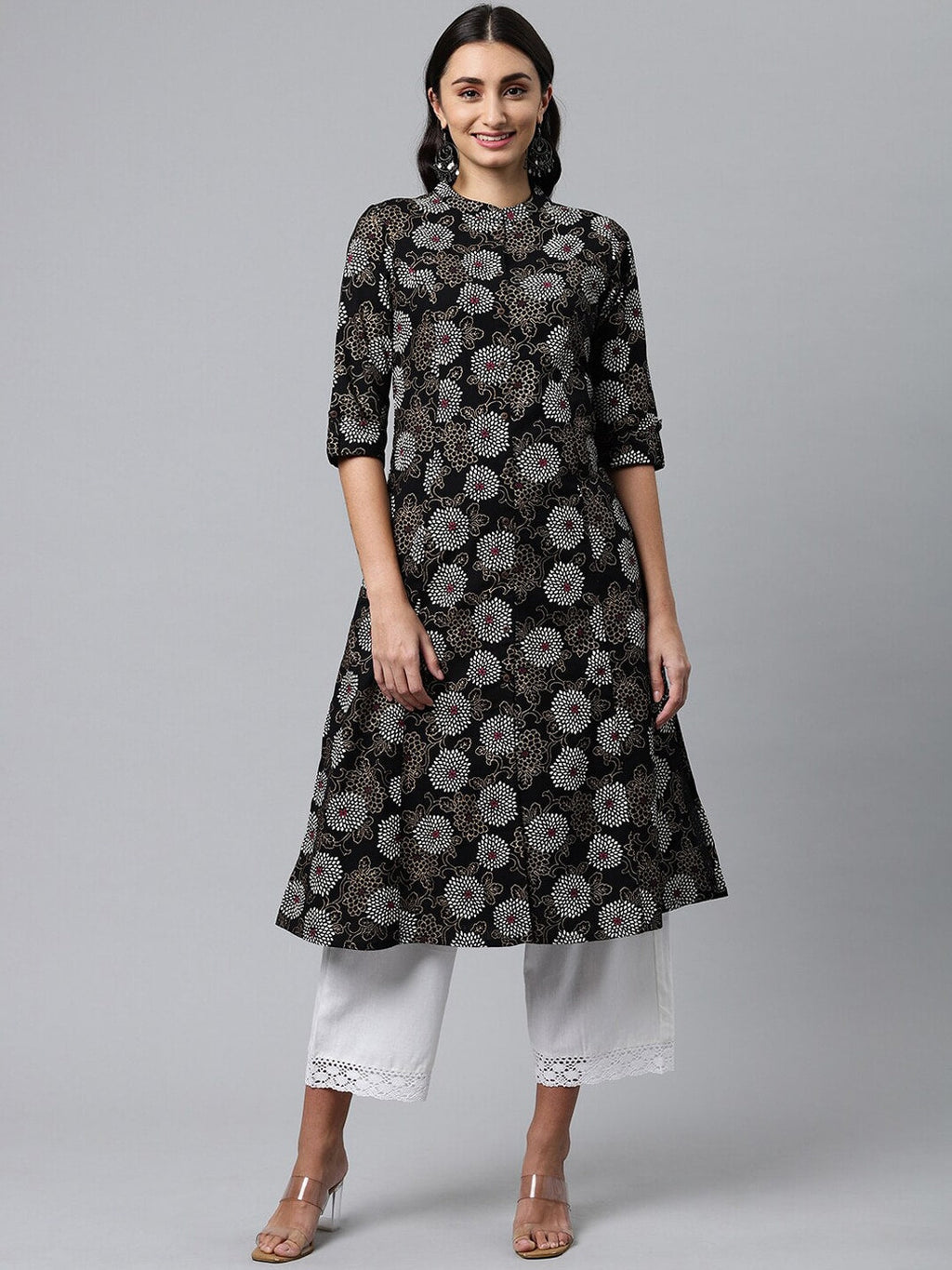 HERE&NOW Mandarin Collar Floral Printed Cotton Kurta | Grocsy