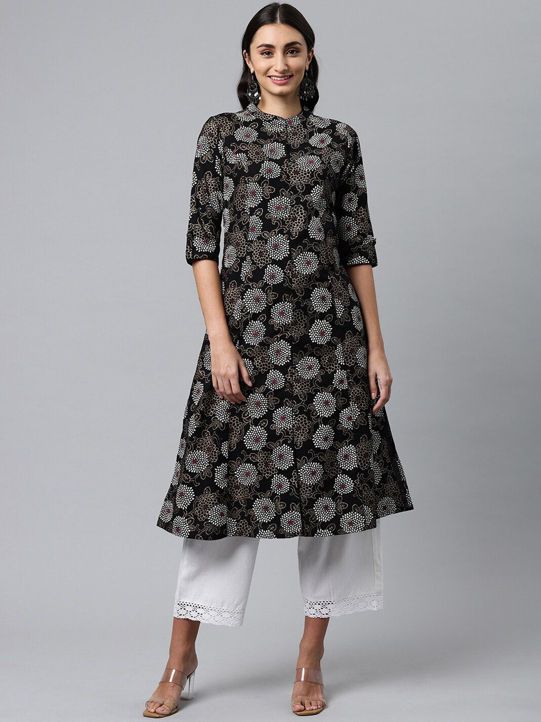 HERE&NOW Mandarin Collar Floral Printed Cotton Kurta | Grocsy