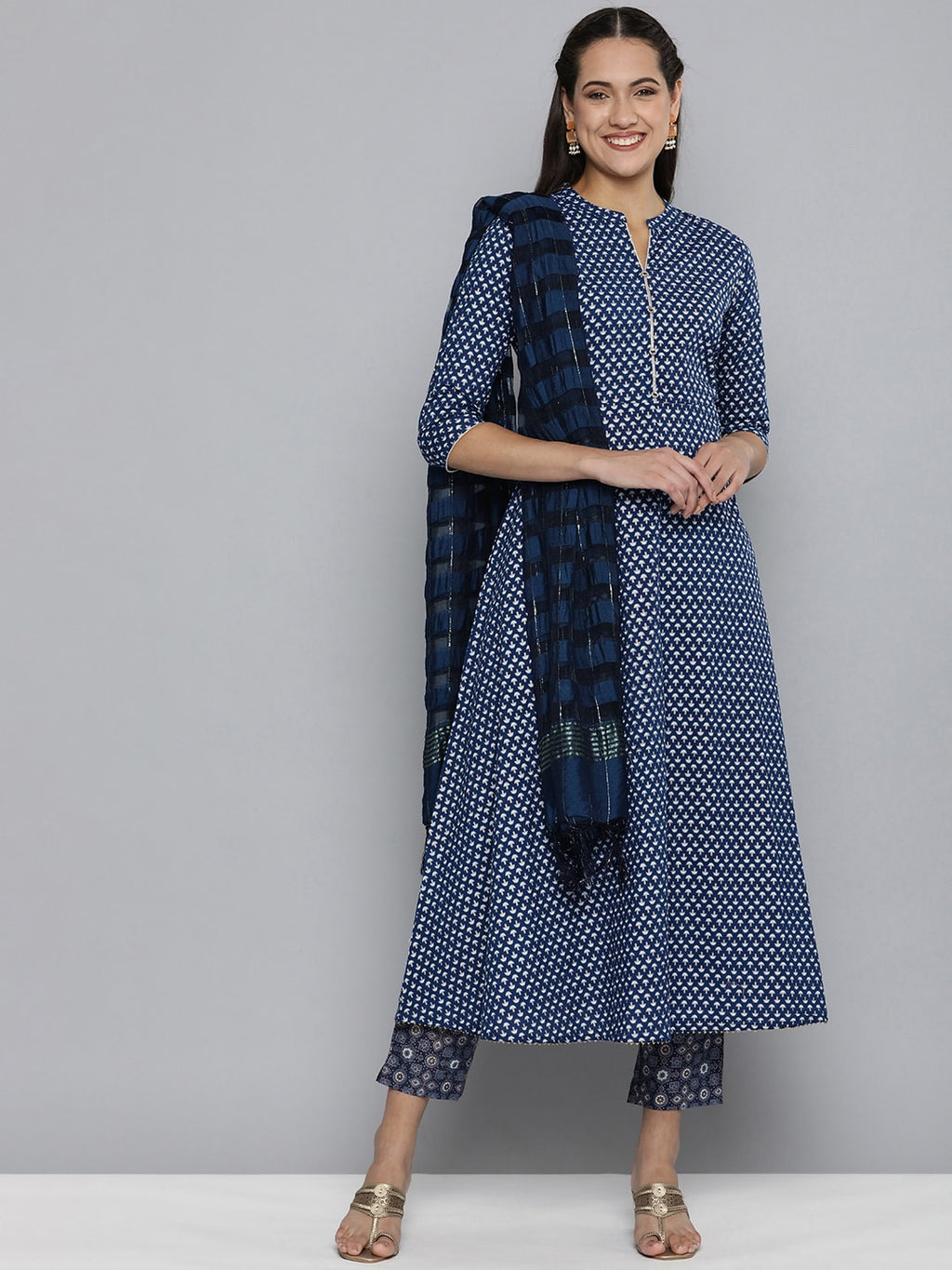 HERE&NOW Women Navy Blue Ethnic Motifs Printed Pure Cotton Kurta with Trousers & With Dupatta | Grocsy