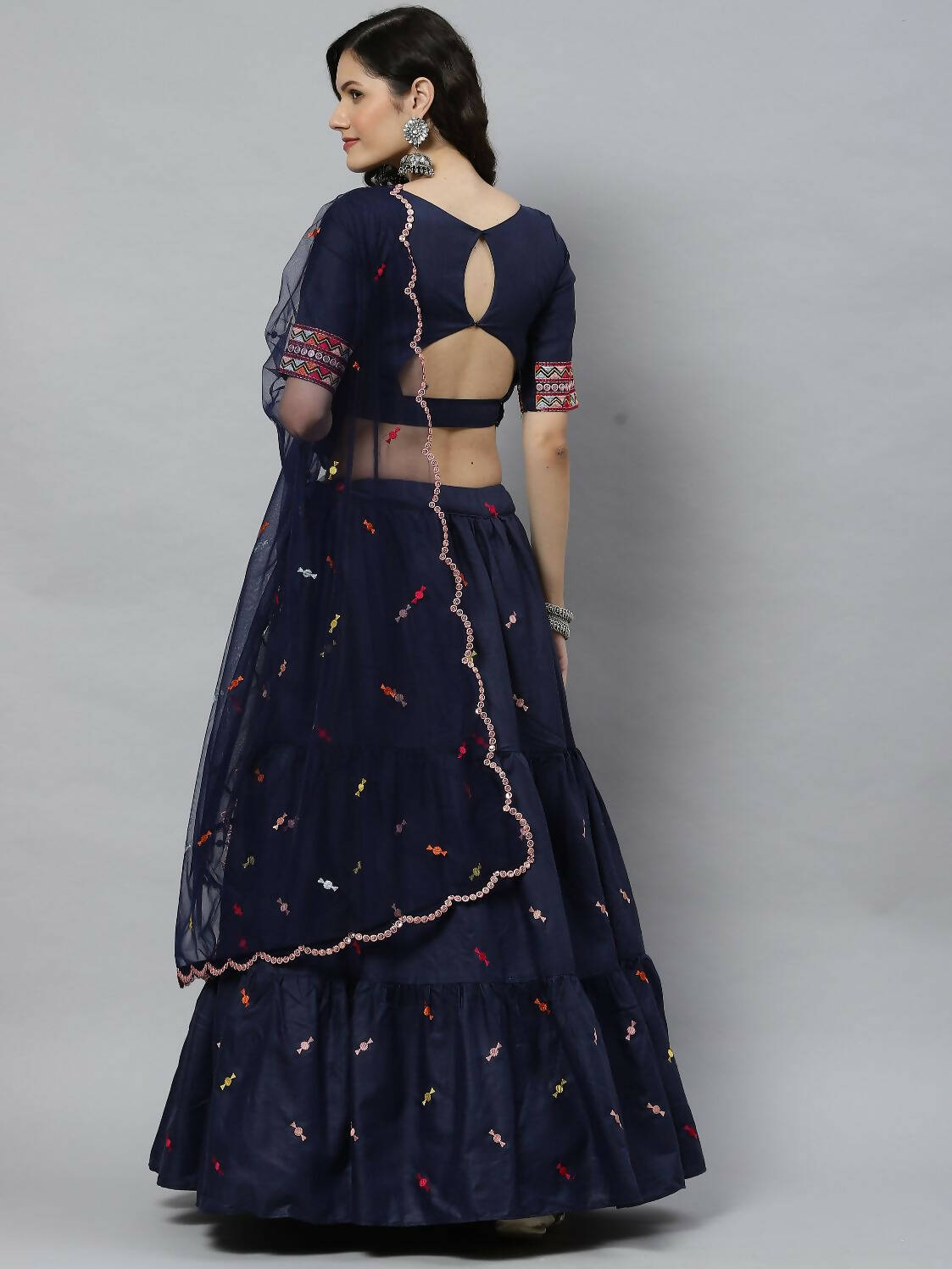 Navy Blue Cotton Embroidered Work Lehenga Choli with Dupatta - Jivika | Grocsy
