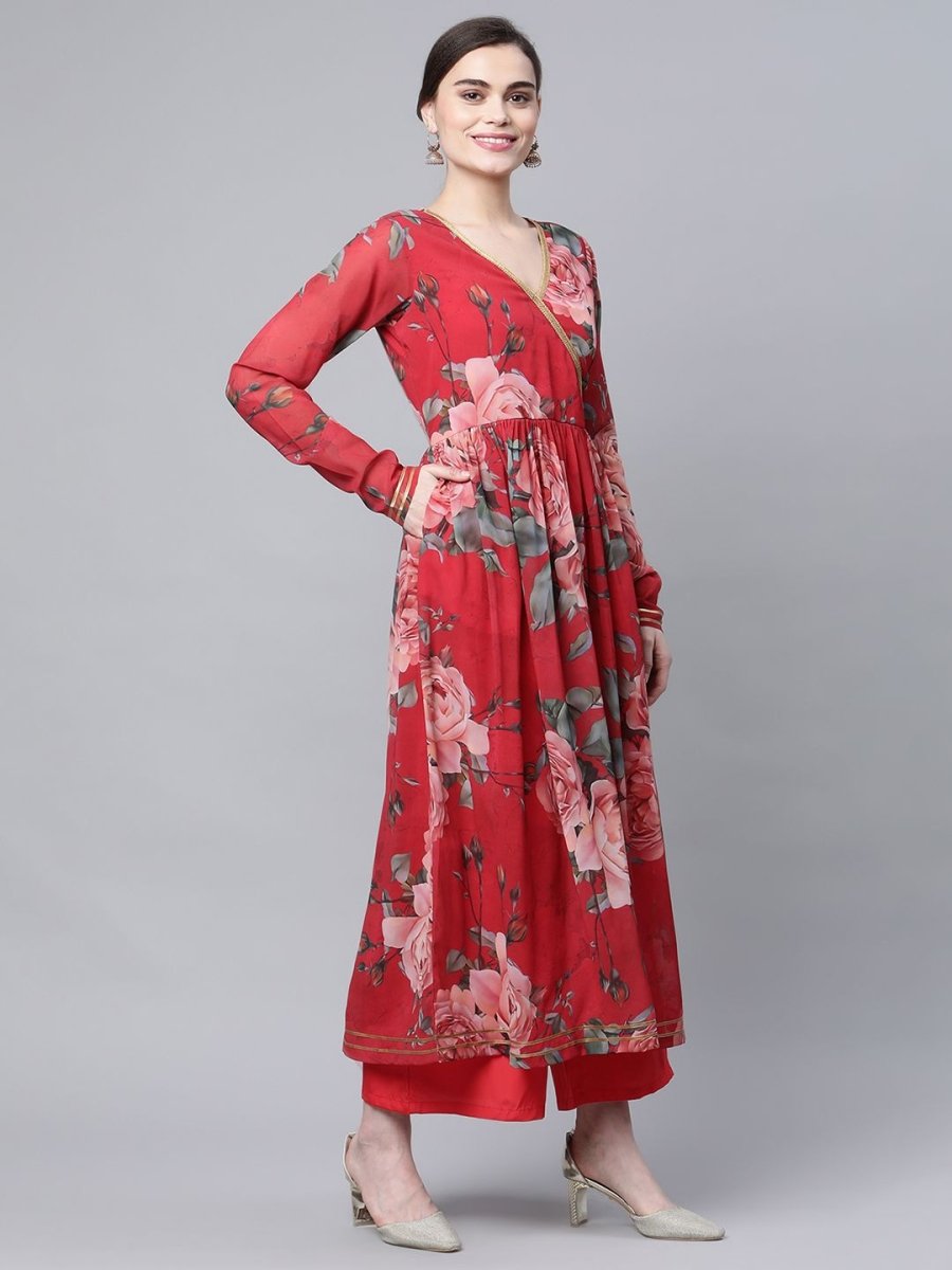 Ahalyaa Women Red Georgette Digital Floral Printed Kurta Palazzo Set | Grocsy