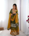 The52 Women's Beautiful Chinon silk Fabric Embroidery Work Straight Kurta Palazzo and Dupatta Set | Grocsy