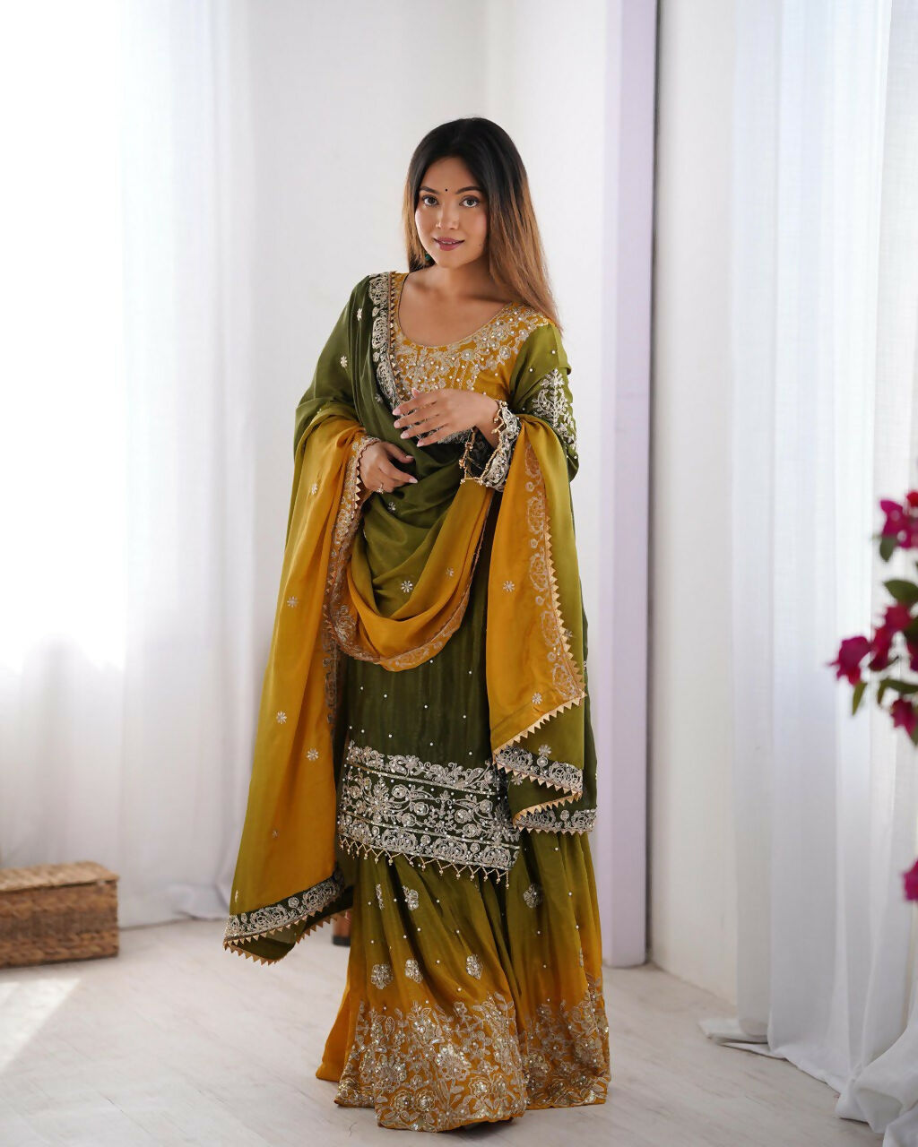 The52 Women's Beautiful Chinon silk Fabric Embroidery Work Straight Kurta Palazzo and Dupatta Set | Grocsy