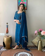 Ethnic Festive Wear Reyon Slub Rama Stitched Suit With Dupatta - Tanisha | Grocsy