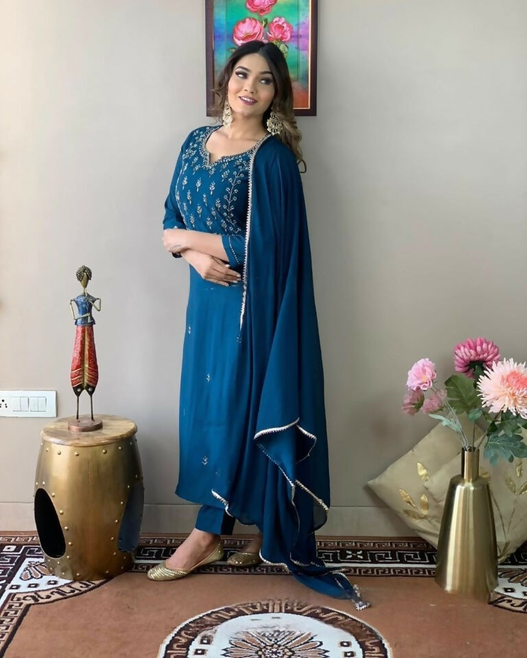 Ethnic Festive Wear Reyon Slub Rama Stitched Suit With Dupatta - Tanisha | Grocsy