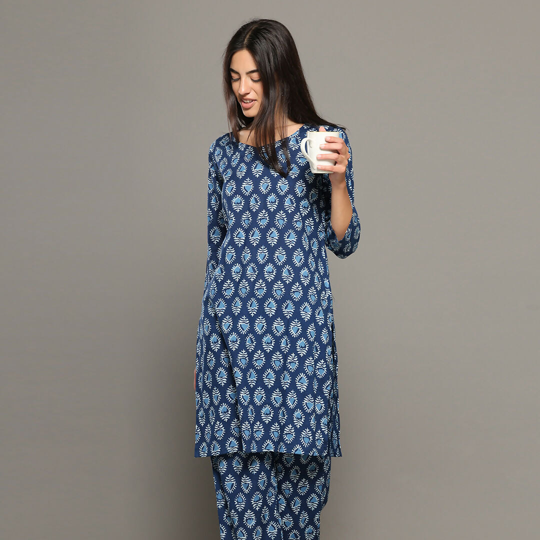 Breathables Blue Women Cotton Printed Loungewear Kurta And Pants Co-Ord Set I Night Wear | Butta Print | Grocsy