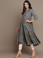 HERE&NOW Ethnic Motifs Printed Shirt Collar Tiered Pure Cotton A-Line Kurta | Grocsy