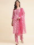 Sangria Pink & White Floral Printed Pure Cotton Straight Kurta With Trouser & Dupatta | Grocsy