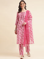 Sangria Pink & White Floral Printed Pure Cotton Straight Kurta With Trouser & Dupatta | Grocsy