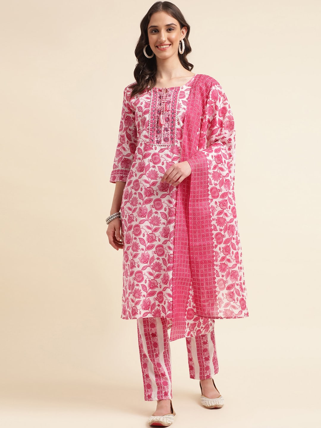 Sangria Pink & White Floral Printed Pure Cotton Straight Kurta With Trouser & Dupatta | Grocsy