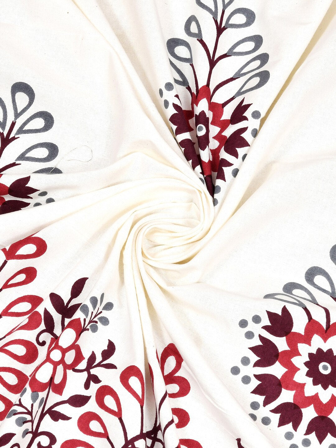 JAIPUR FABRICWhite Red Ethnic Motifs Cotton 250 TC King Bedsheet With 2 Pillow Covers | Grocsy