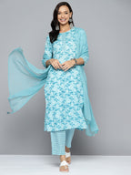 HERE&NOW Women Blue Floral Printed Regular Pure Cotton Kurta with Trousers & With Dupatta | Grocsy