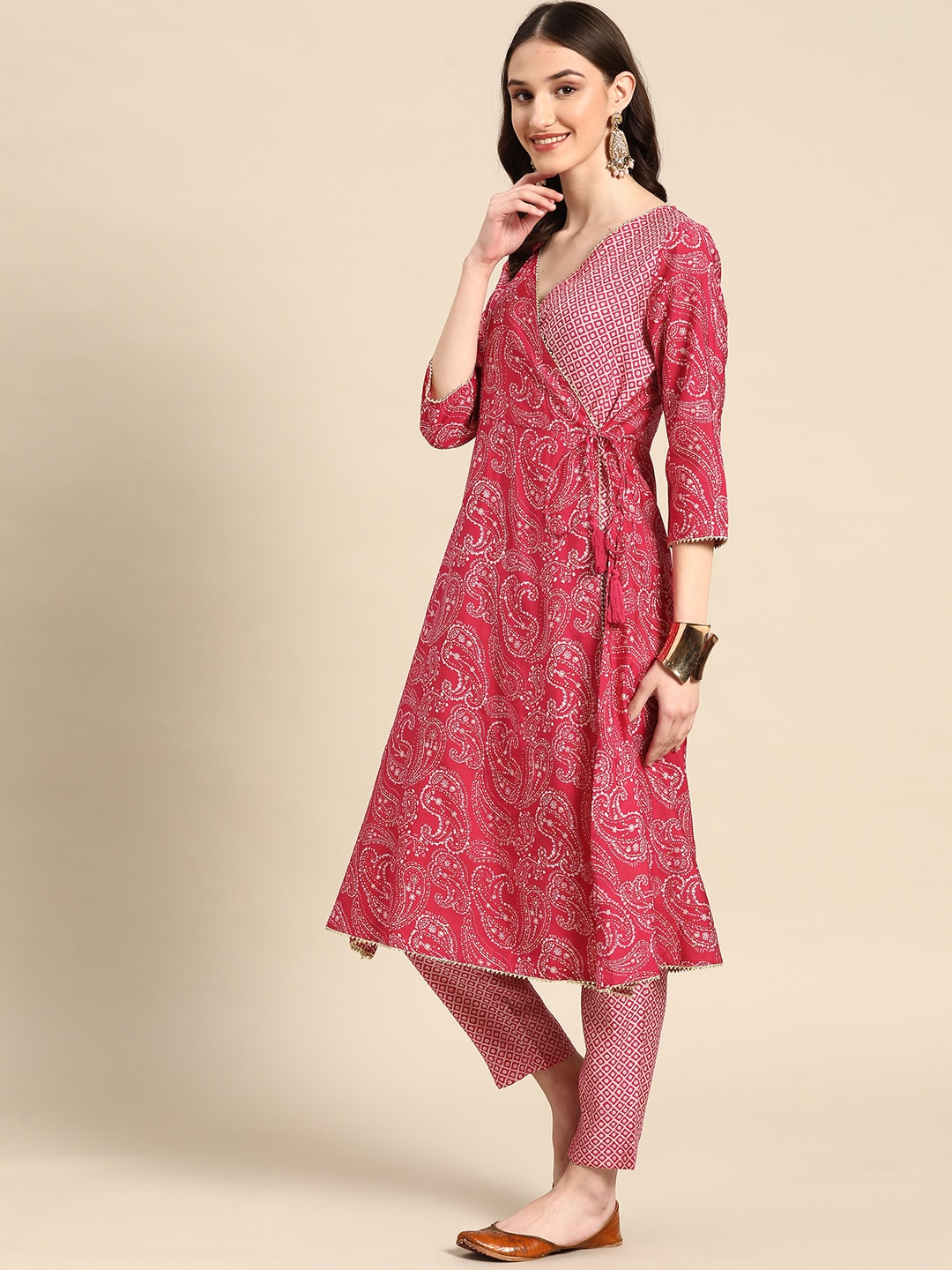 Sangria Women Fuchsia Ethnic Motifs Printed Angrakha Gotta Patti Kurta with Trousers | Grocsy