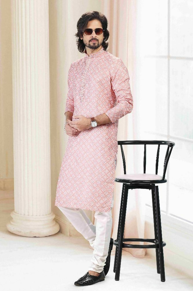 Raivat Ethnic Cotton Thread Work Kurta Pajama In Peach Colour | Grocsy
