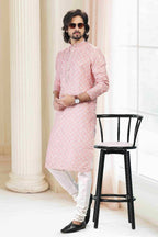 Raivat Ethnic Cotton Thread Work Kurta Pajama In Peach Colour | Grocsy