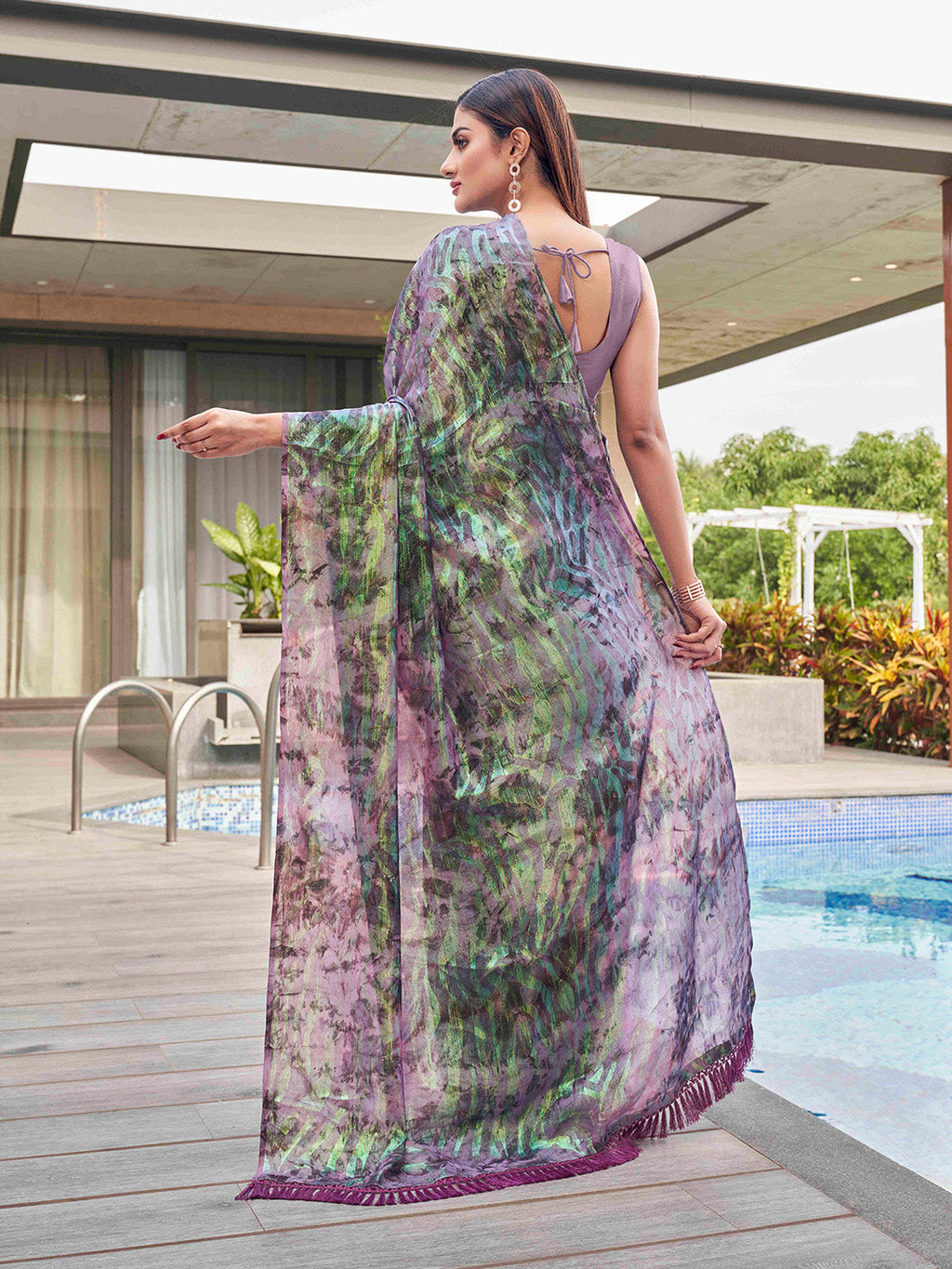 Tikhi Imli Mauve Abstract Printed Satin Half and Half Saree | Grocsy