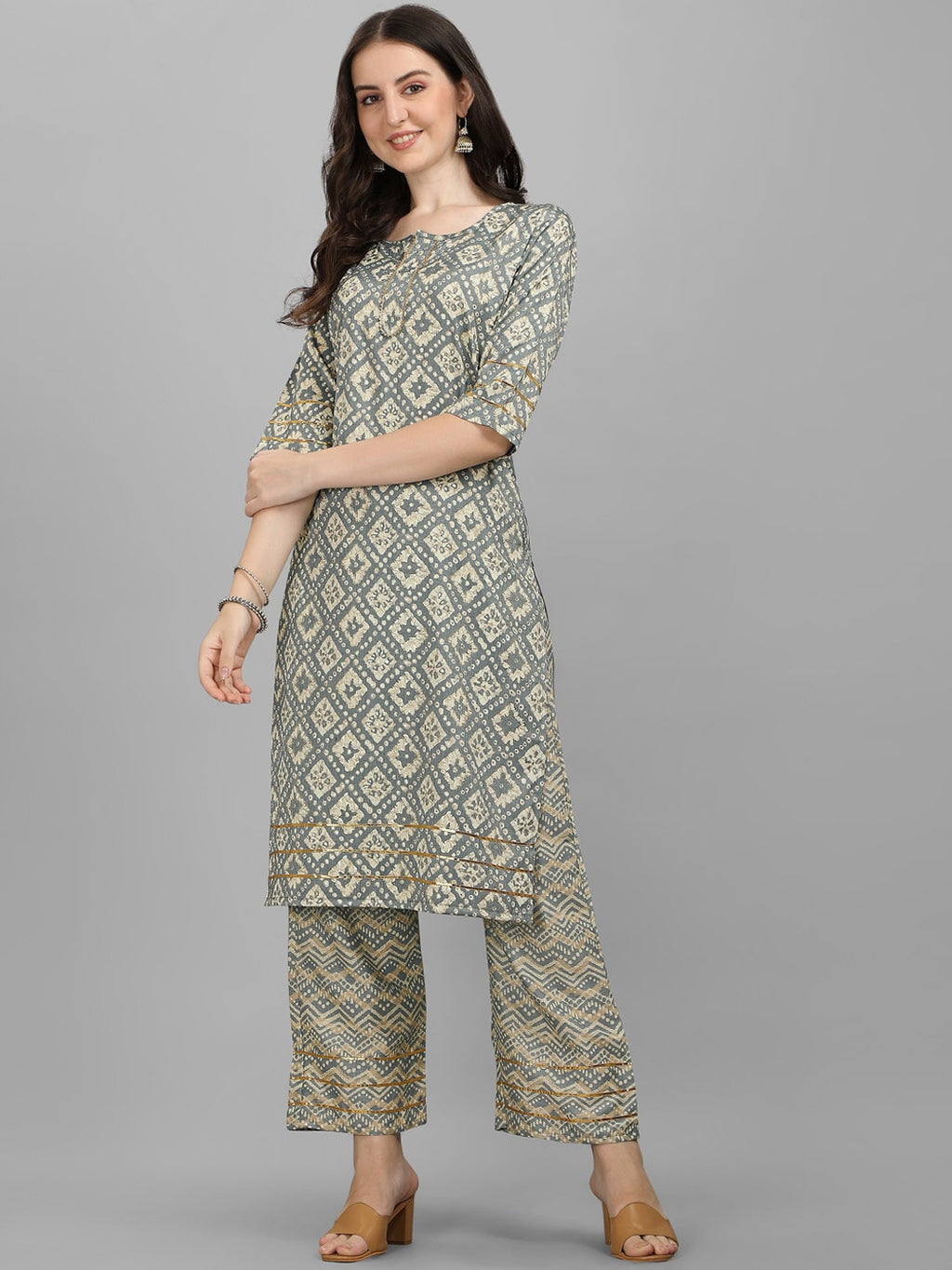 HERE&NOW Women Grey Ethnic Motifs Printed Kurta With Palazzos | Grocsy