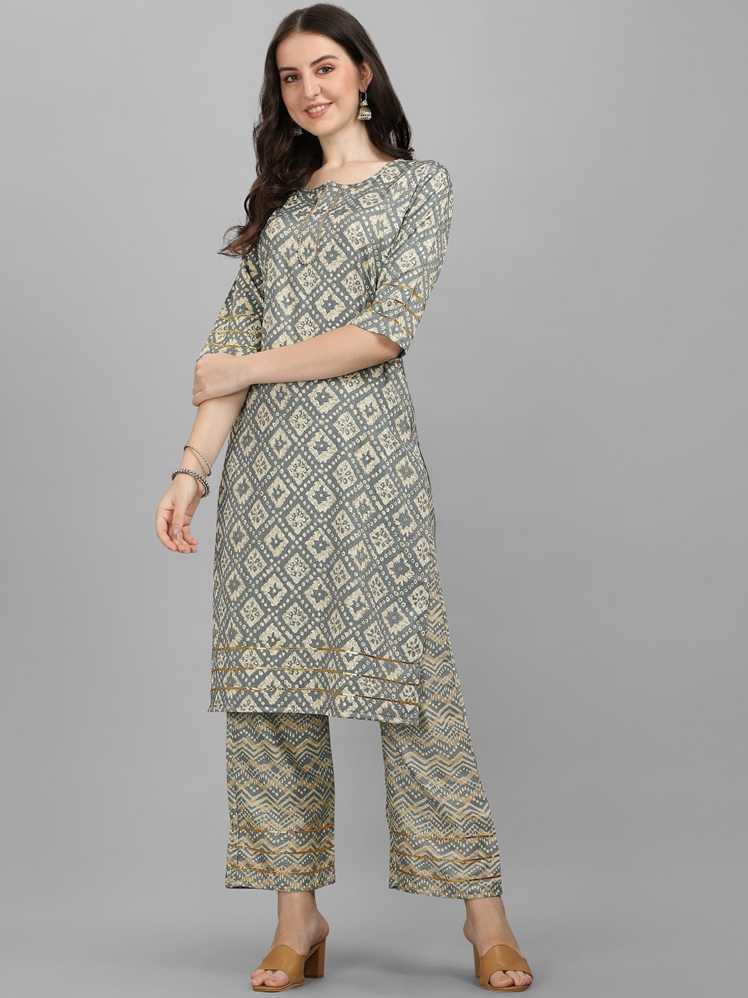 HERE&NOW Women Grey Ethnic Motifs Printed Kurta With Palazzos | Grocsy