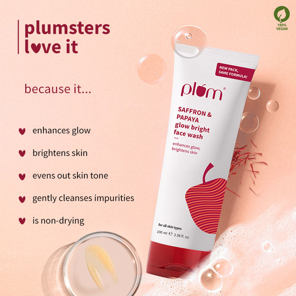 Plum Saffron & Papaya Glow Bright Gel Face Wash For Daily Use - Fights Dullness & Evens Skin Tone | Grocsy