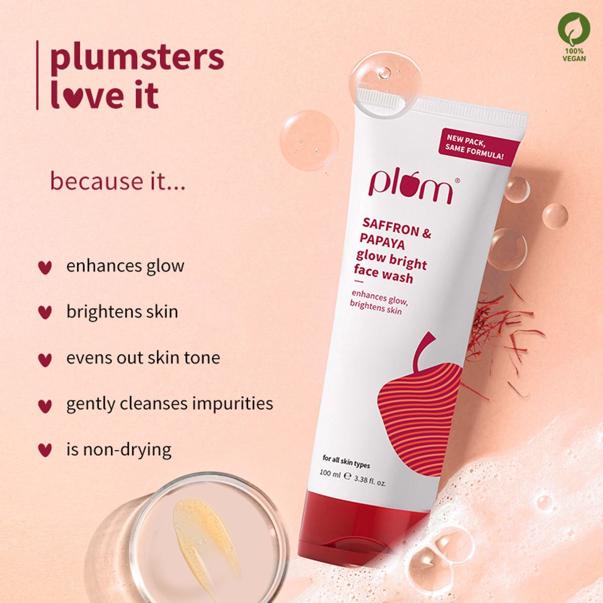 Plum Saffron & Papaya Glow Bright Gel Face Wash For Daily Use - Fights Dullness & Evens Skin Tone | Grocsy